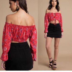 MinkPink Lucia Off The Shoulder Boho Floral Crop Top XS